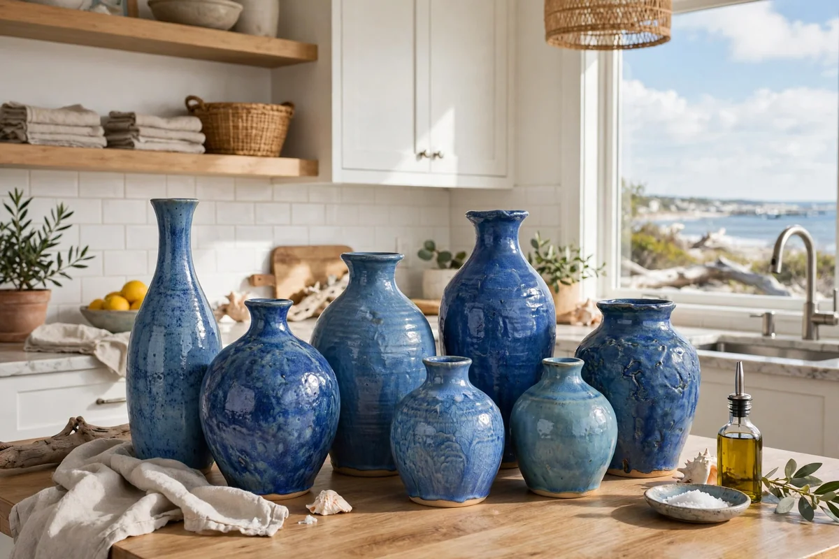 Collection of handmade blue ceramic vases in a coastal kitchen