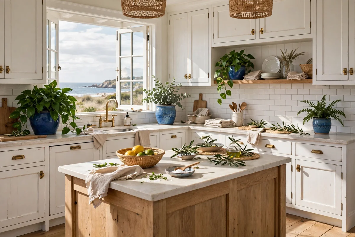 Coastal kitchen with leafy green plants in blue ceramic pots