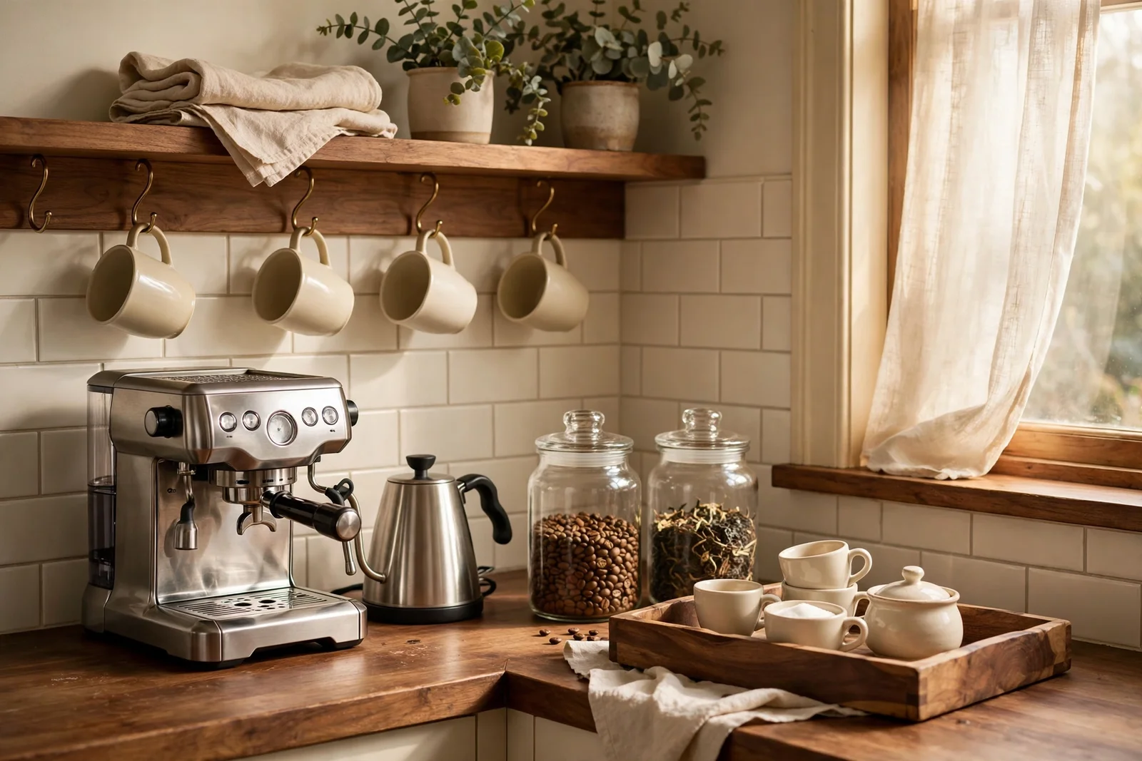 Warm kitchen coffee corner with espresso machine, kettle, glass jars and hanging mugs on a wooden counter in morning light