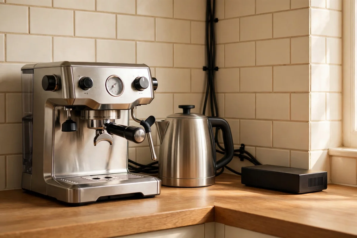 Espresso machine and kettle on a kitchen counter corner with cables neatly hidden behind them