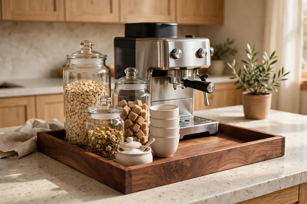 Wooden tray on a kitchen counter corralling coffee machine, jars, cups and sugar bowl