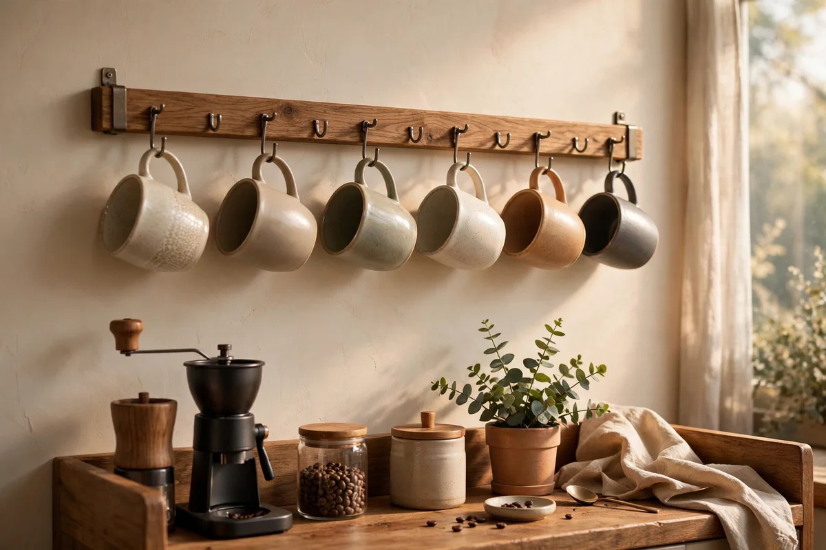 Wooden wall rail with ceramic mugs hanging above a home coffee station