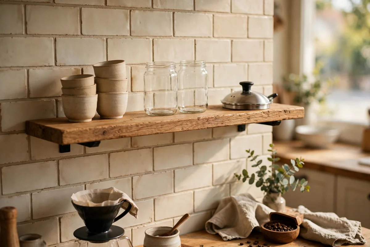 Open wooden shelf above a coffee corner with cups, glass jars and a kettle lid