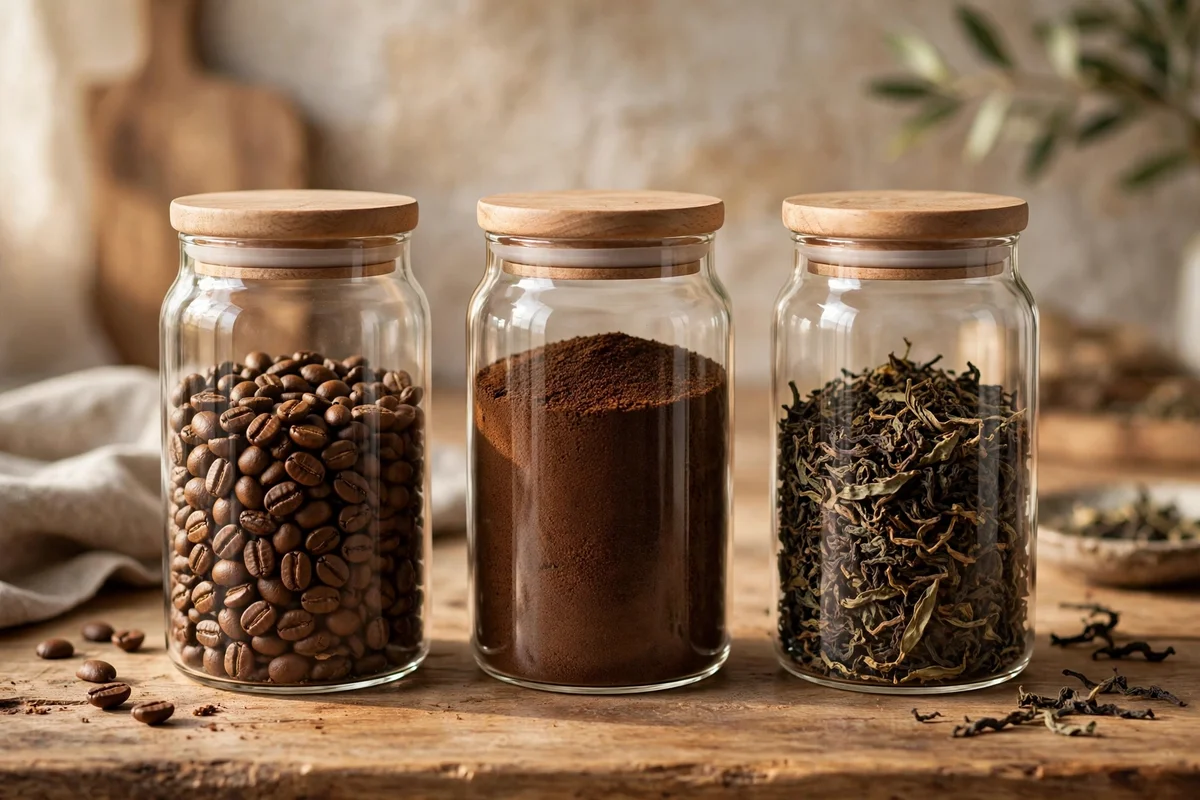 Plain glass jars with wooden lids holding coffee beans, ground coffee and tea