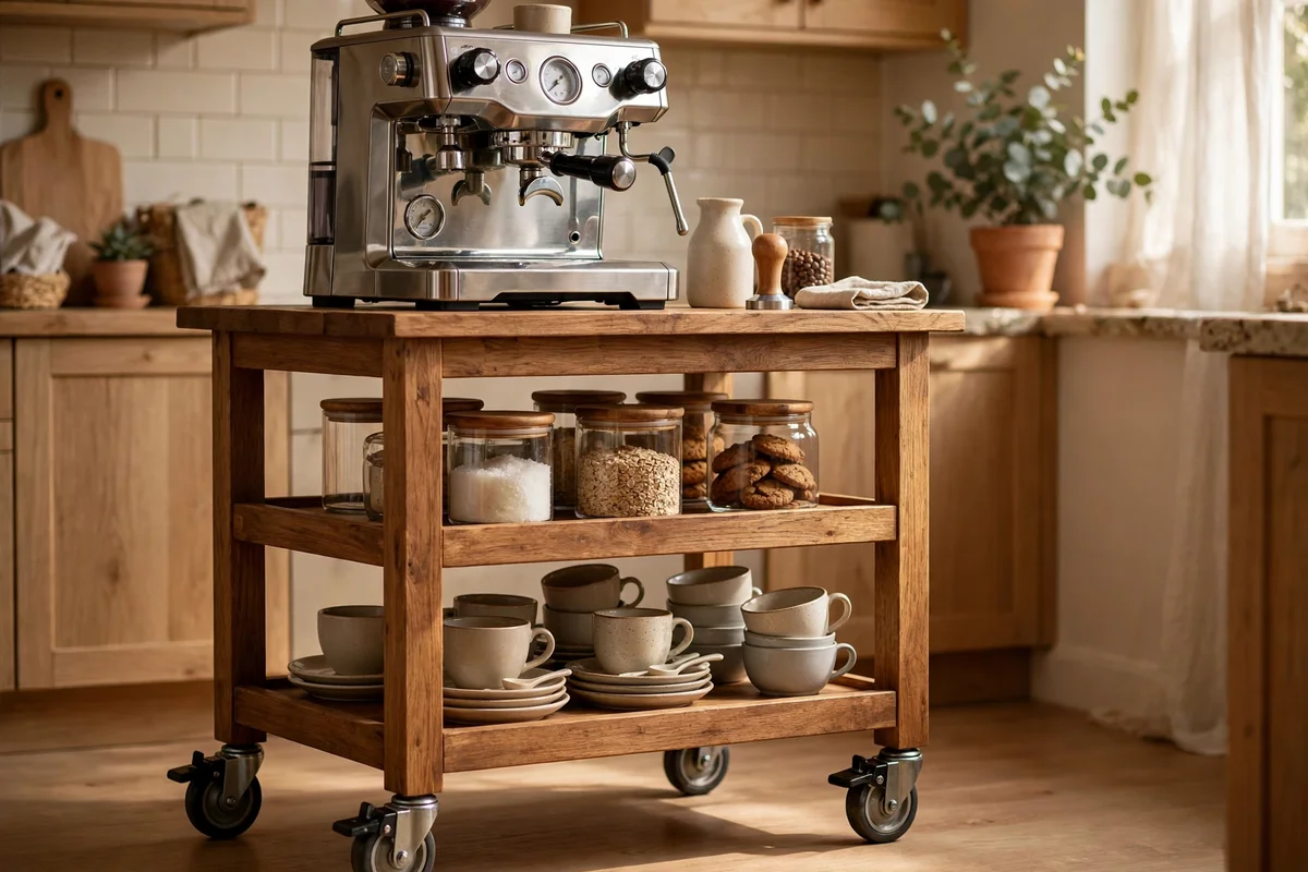 Rolling wooden cart used as a coffee station in a small kitchen
