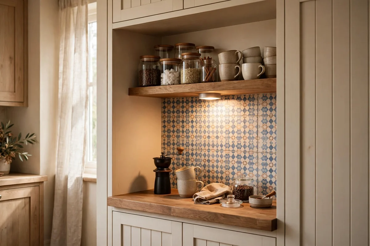 Built-in coffee nook in a kitchen alcove with timber shelves and tiled backsplash