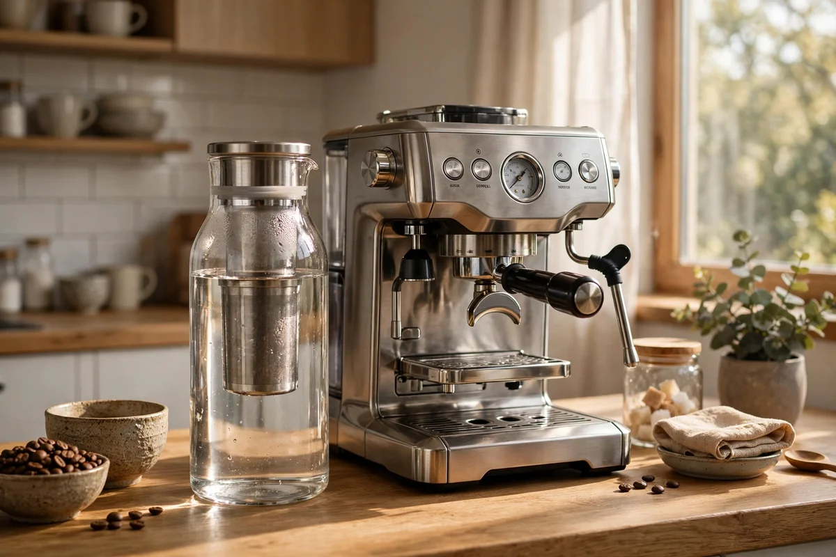 Glass filtered water carafe beside an espresso machine on a coffee station