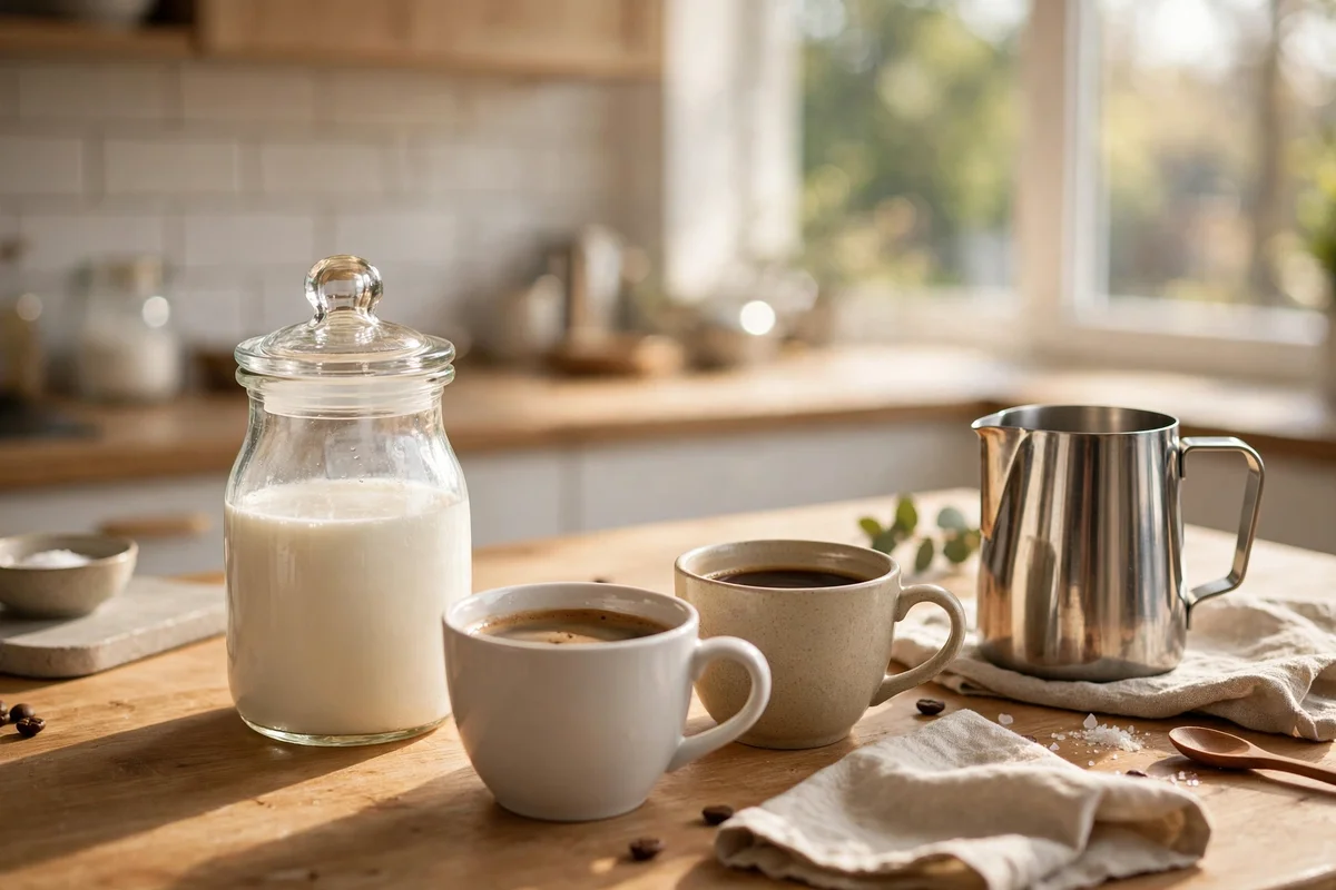 Lidded glass jug of milk and steel pitcher beside cups on a kitchen counter