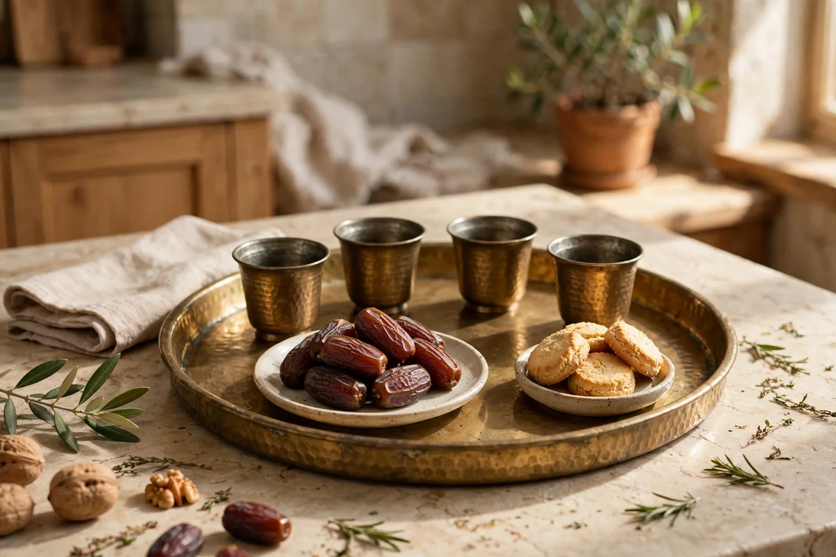 Round tray with cups, dates and biscuits prepared for guests on a counter