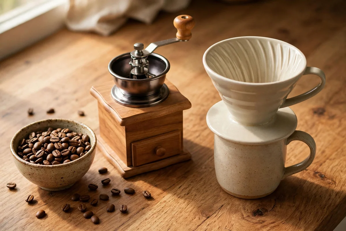 Manual coffee grinder and ceramic pour-over dripper on a wooden counter