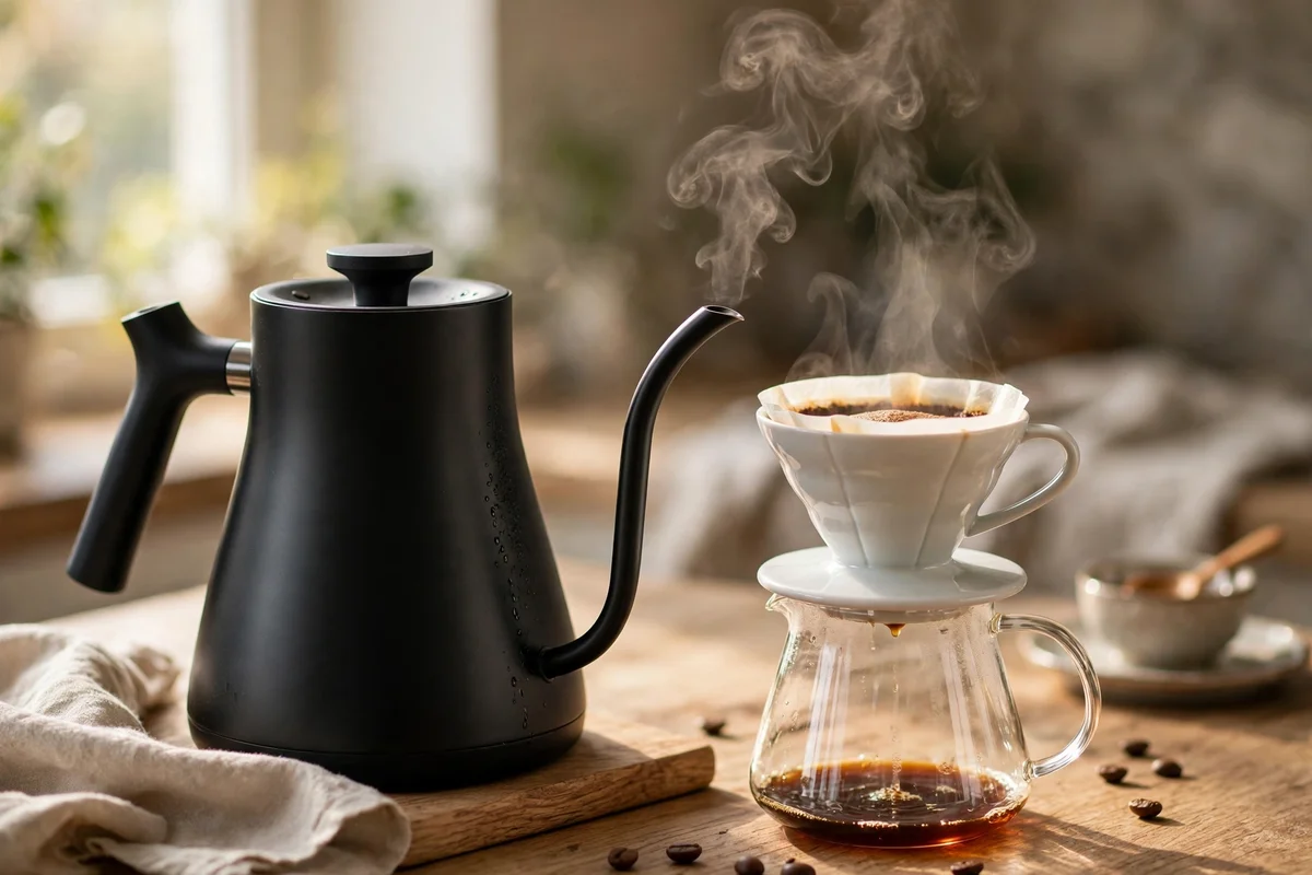 Matte black gooseneck kettle beside a pour-over dripper on a counter