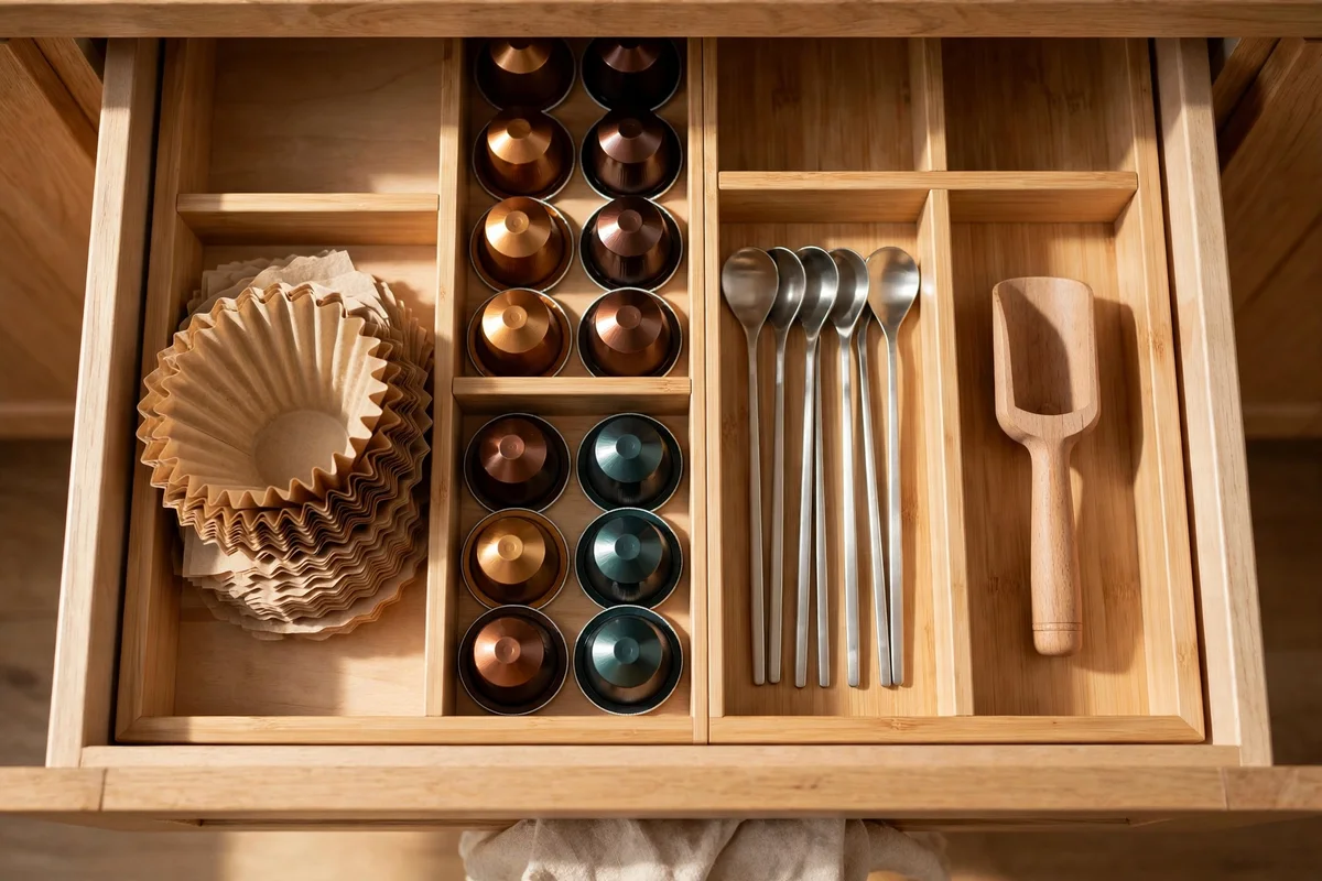 Shallow drawer with bamboo dividers holding filters, pods, spoons and scoop