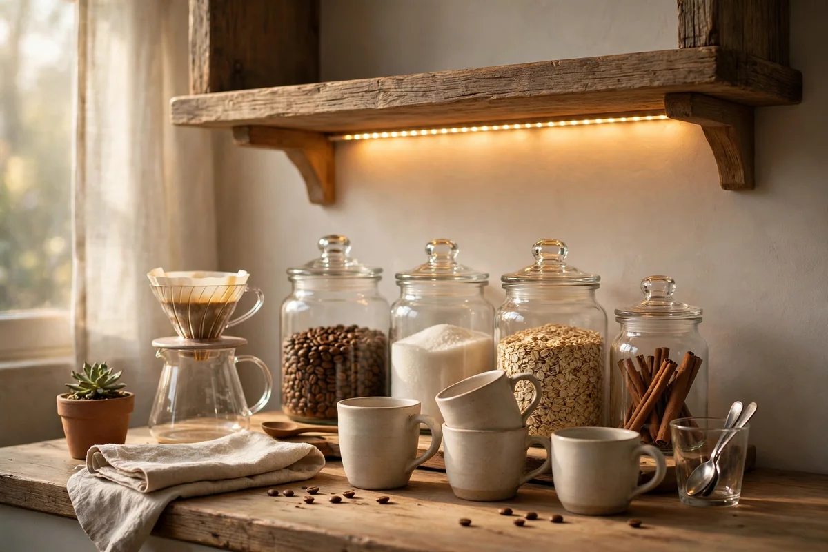 Coffee station glowing under a warm LED light strip beneath a shelf