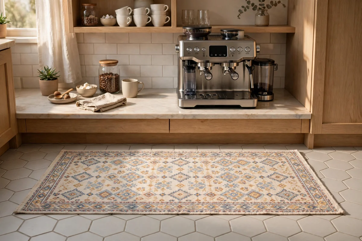 Washable patterned runner on the kitchen floor under a coffee station
