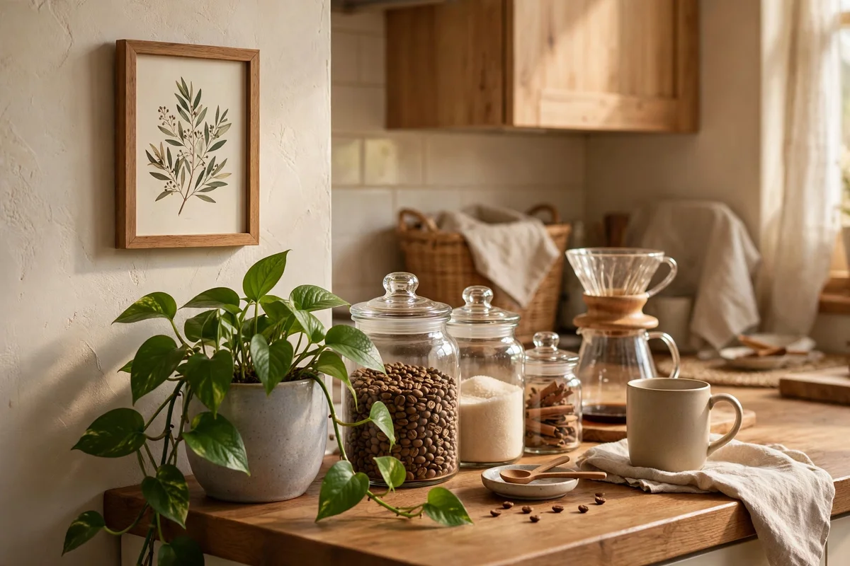 Framed botanical print and small trailing plant beside a coffee station