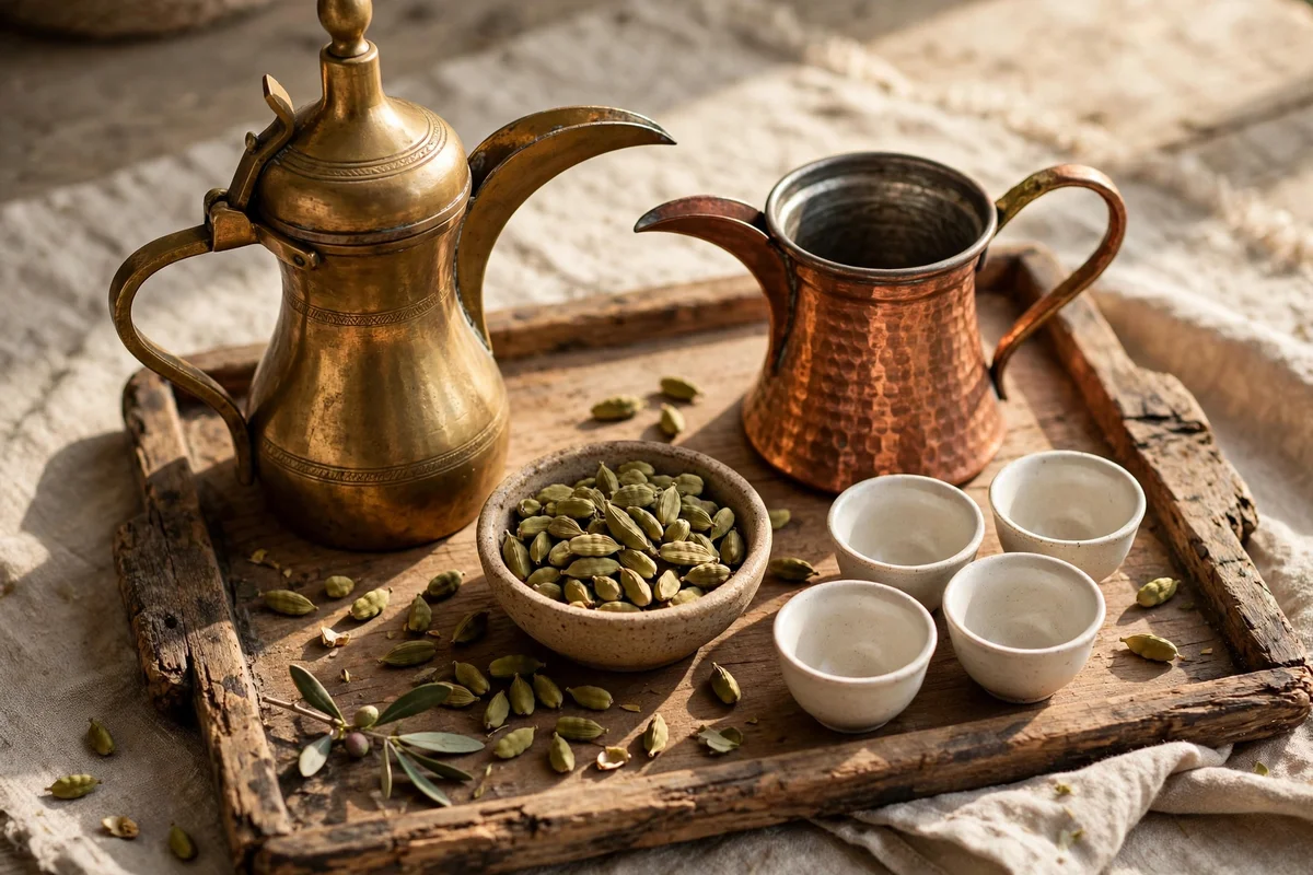 Brass dallah and copper ibrik with cardamom pods and small cups on a tray