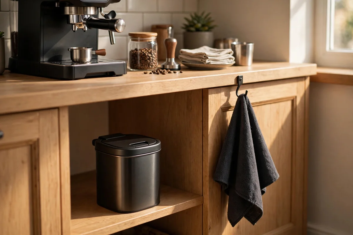 Small lidded bin for coffee grounds and a hanging cloth beside a station
