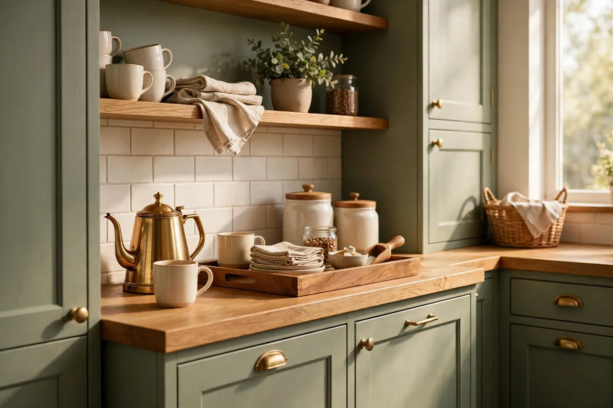Coffee station in warm white and oak tones matched to a sage green kitchen