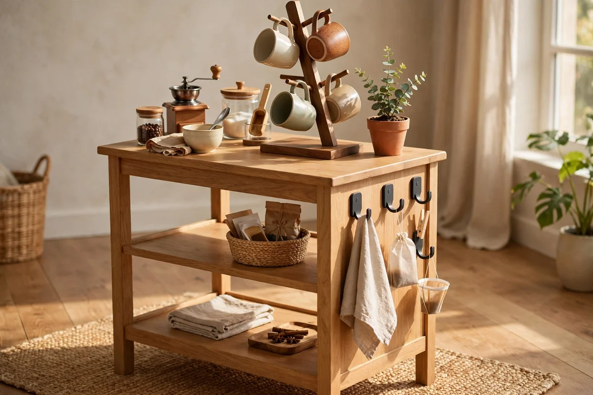 Freestanding side table coffee station with mug tree and adhesive hooks