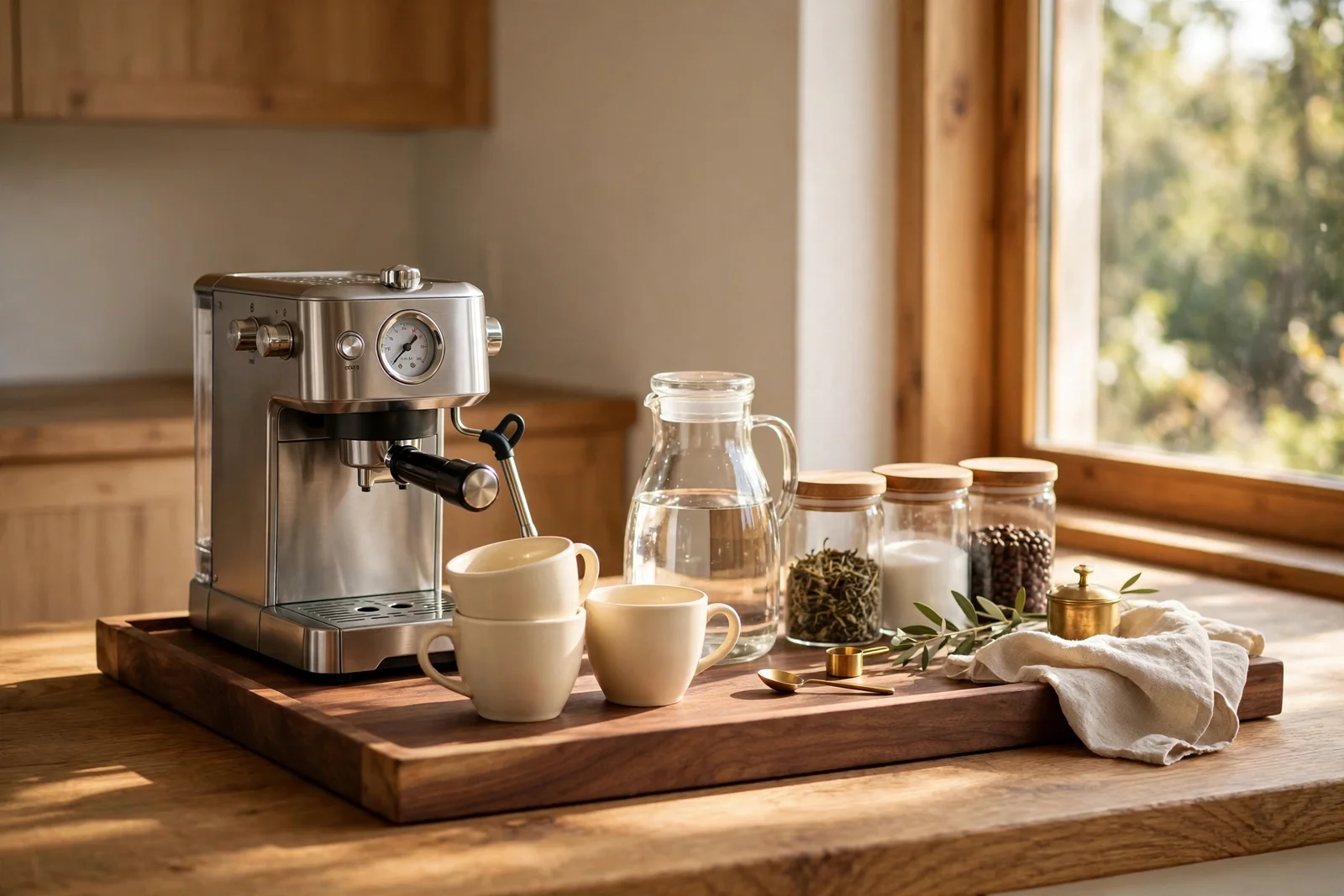 Warm home coffee and tea station styled in wood, ceramic and brass beside a bright window