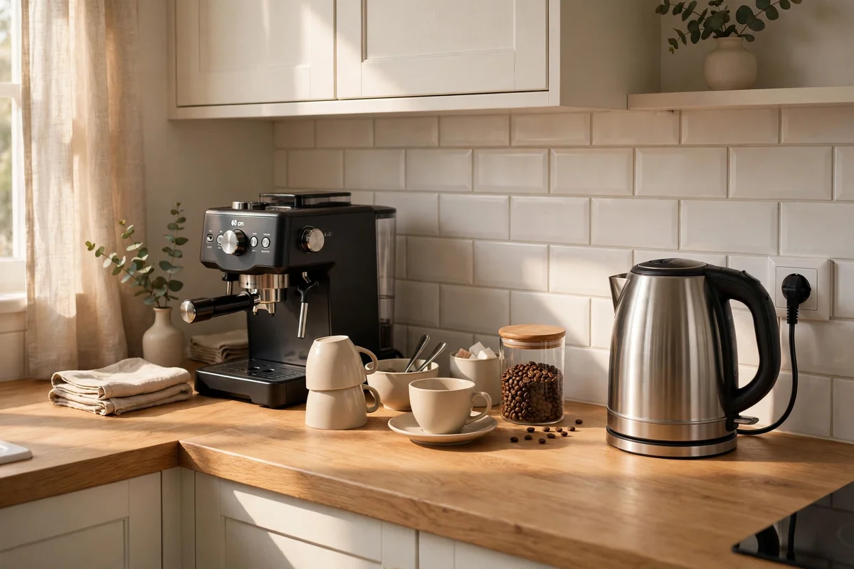 Home coffee station set along a 60 cm kitchen counter run beside a kettle