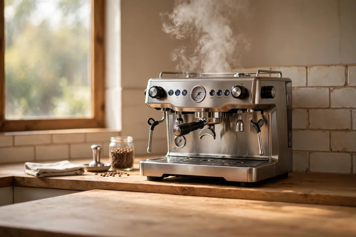 Espresso machine placed 15 cm back from the counter edge with steam clearance above