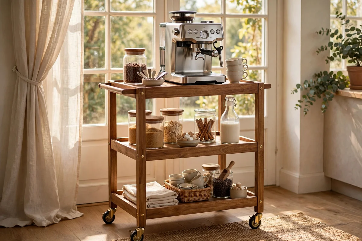 Three-tier wooden cart coffee station rolled under a bright kitchen window