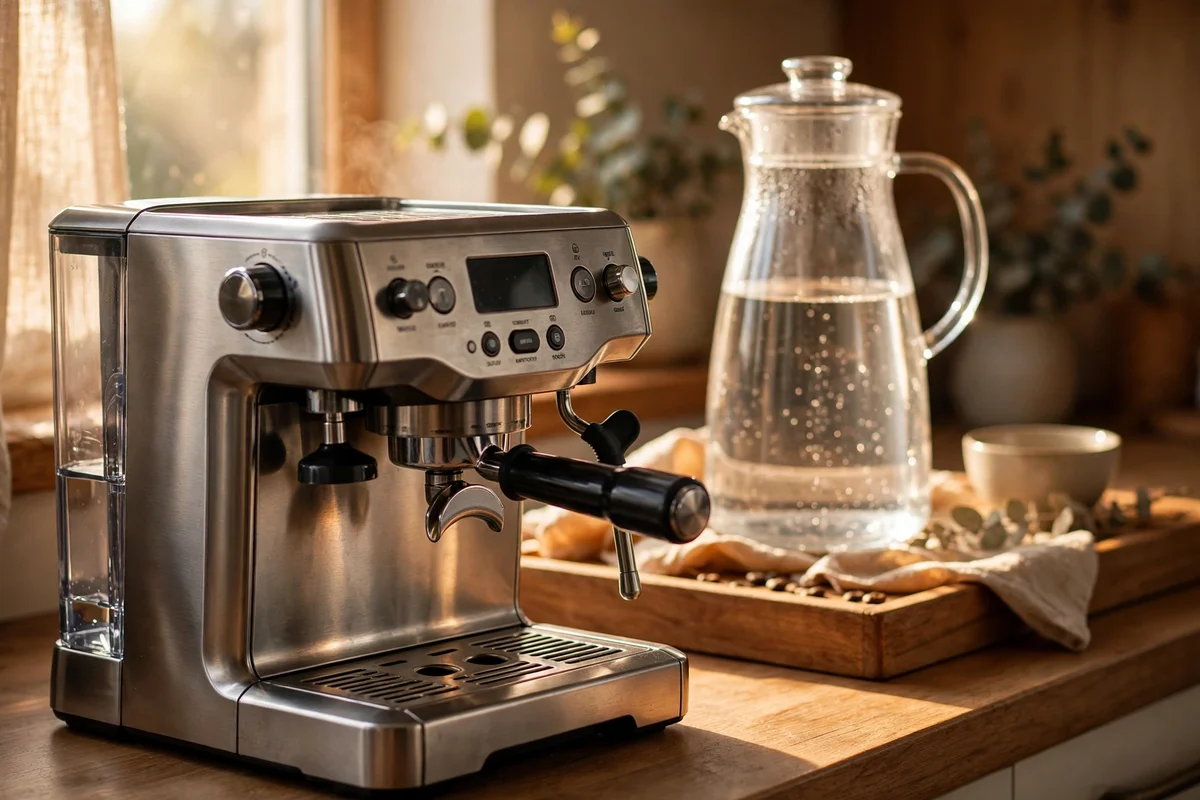 Glass carafe of filtered water beside a coffee machine on a wooden tray