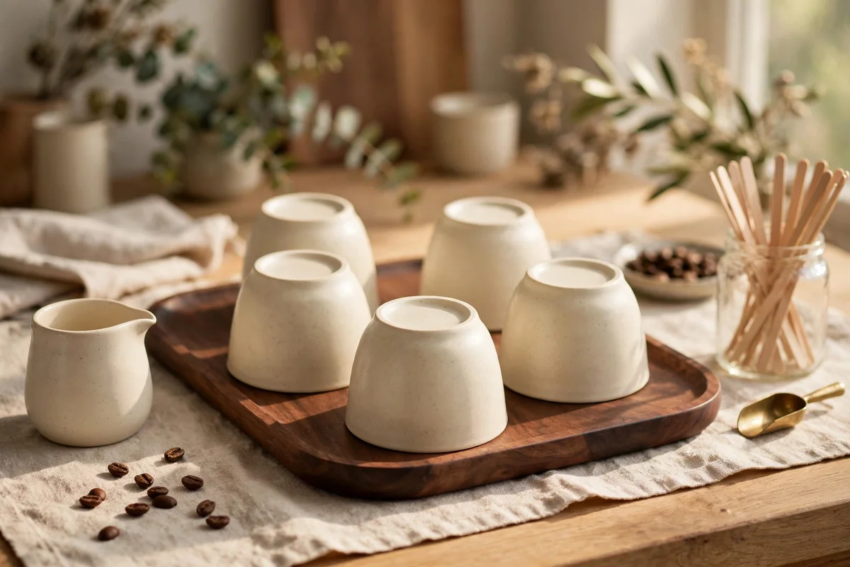 Ceramic cups grouped upside down on a walnut tray at a coffee station