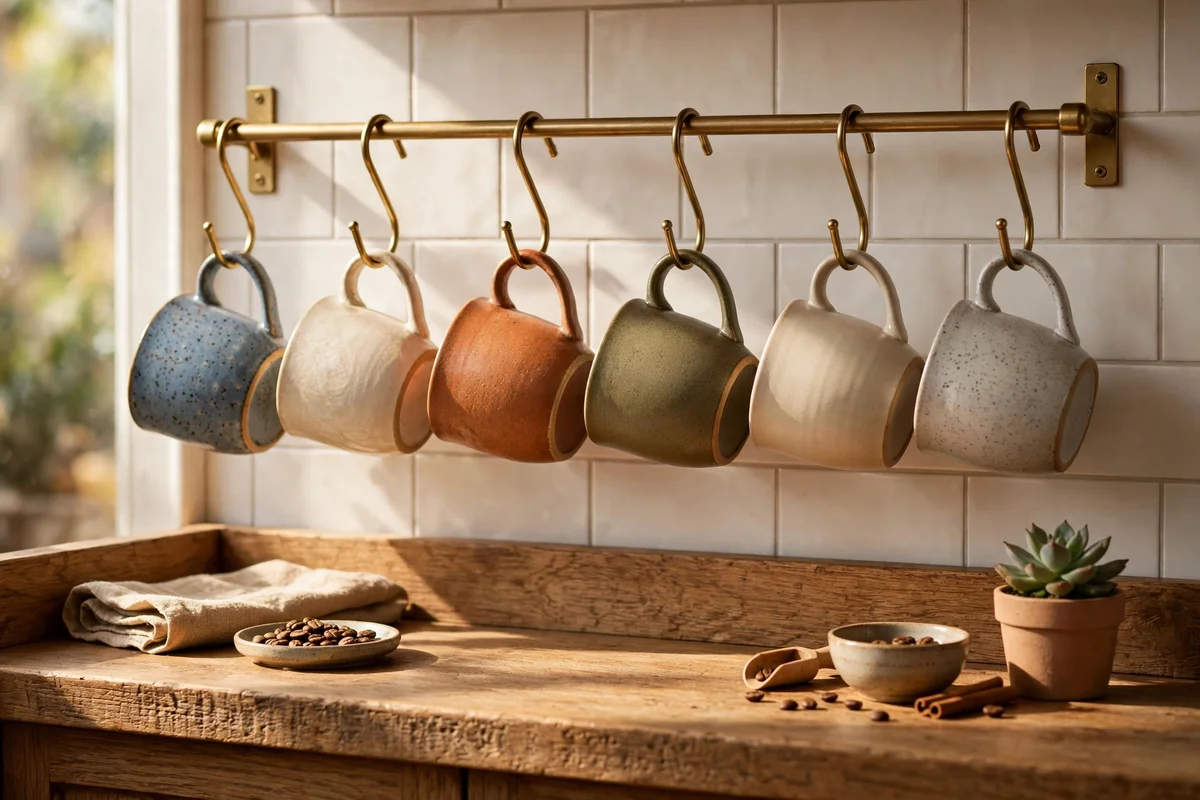 Six ceramic mugs hanging on a short brass rail above a coffee counter