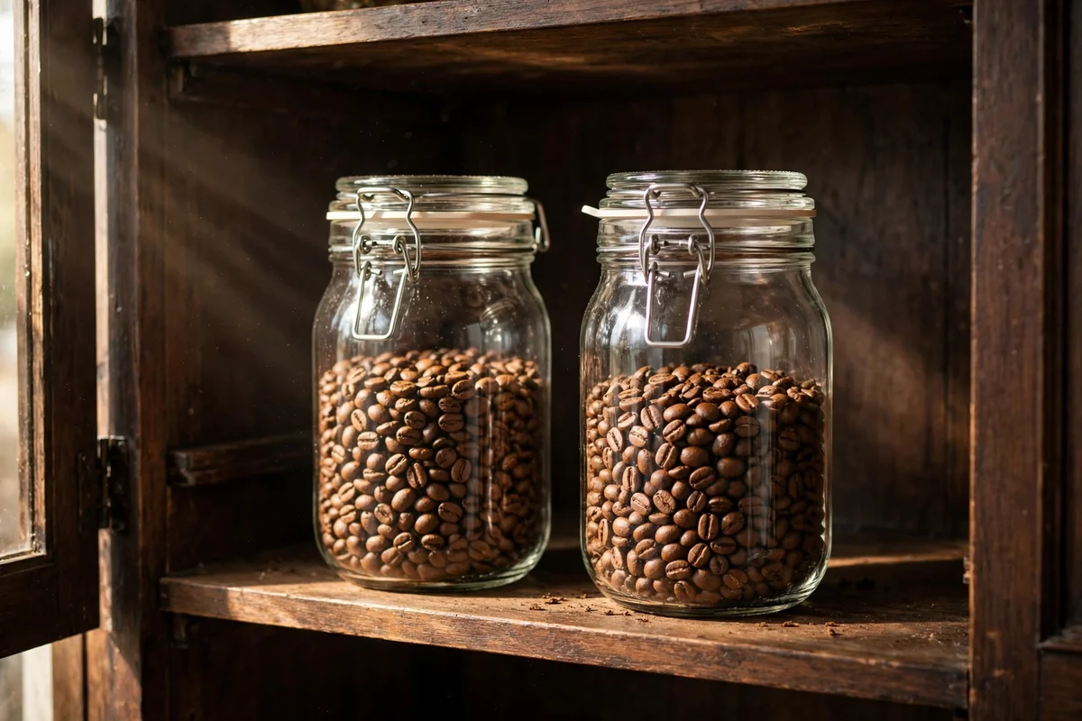 Two plain glass jars of coffee beans stored in a dark kitchen cupboard