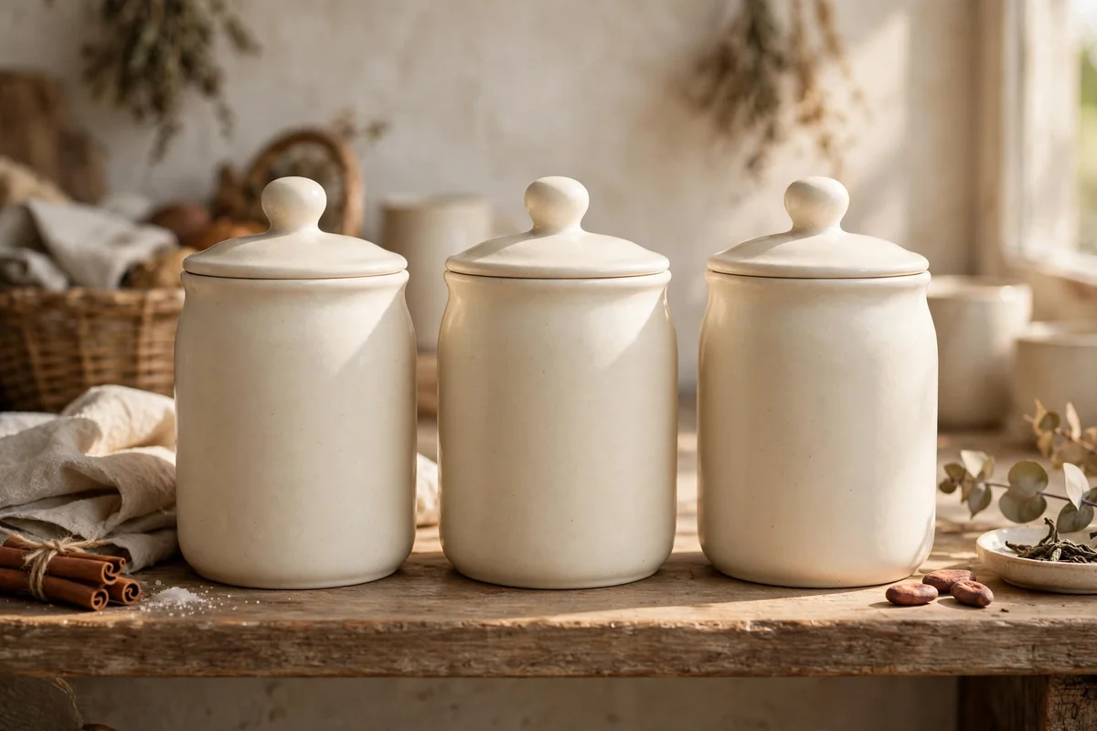 Three matching ceramic canisters of sugar, tea and cocoa on a kitchen shelf