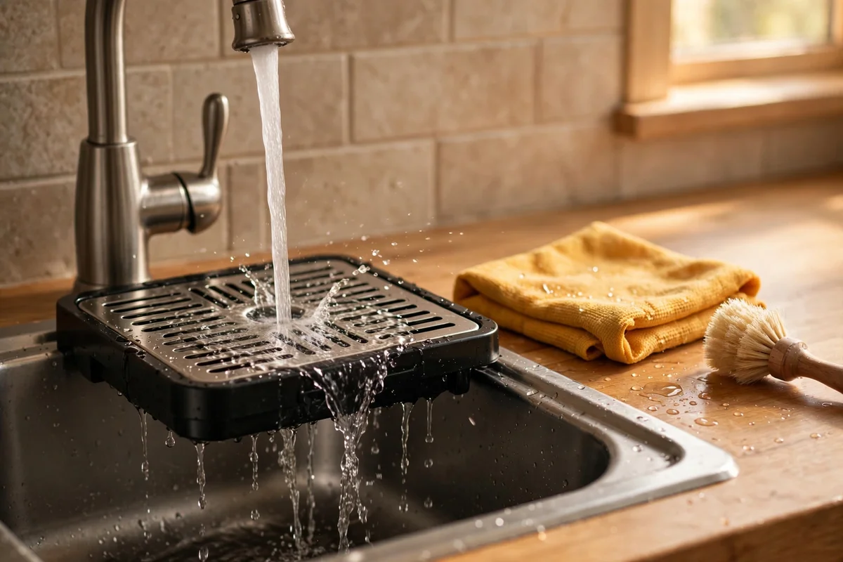 Coffee machine drip tray being rinsed at a kitchen sink in three quick steps