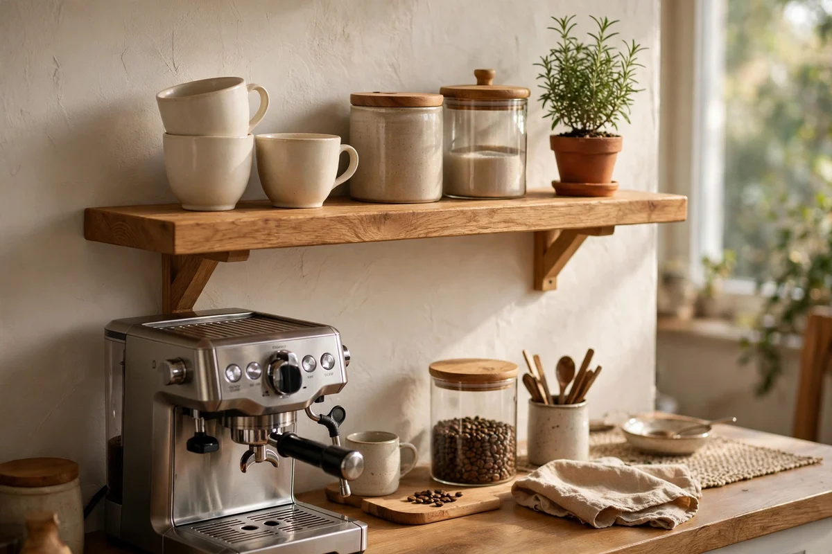 Single oak shelf above a coffee station holding cups, canisters and a small herb