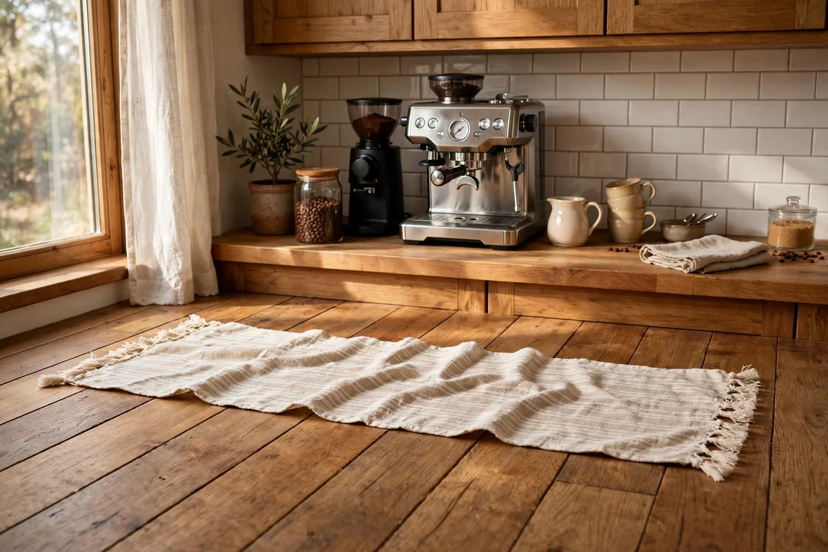 Cotton runner laid on the floor in front of a home coffee station