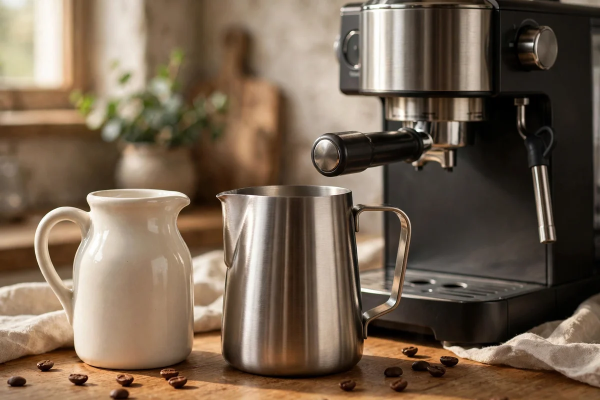 Small ceramic milk jug and steel frothing pitcher beside a coffee machine