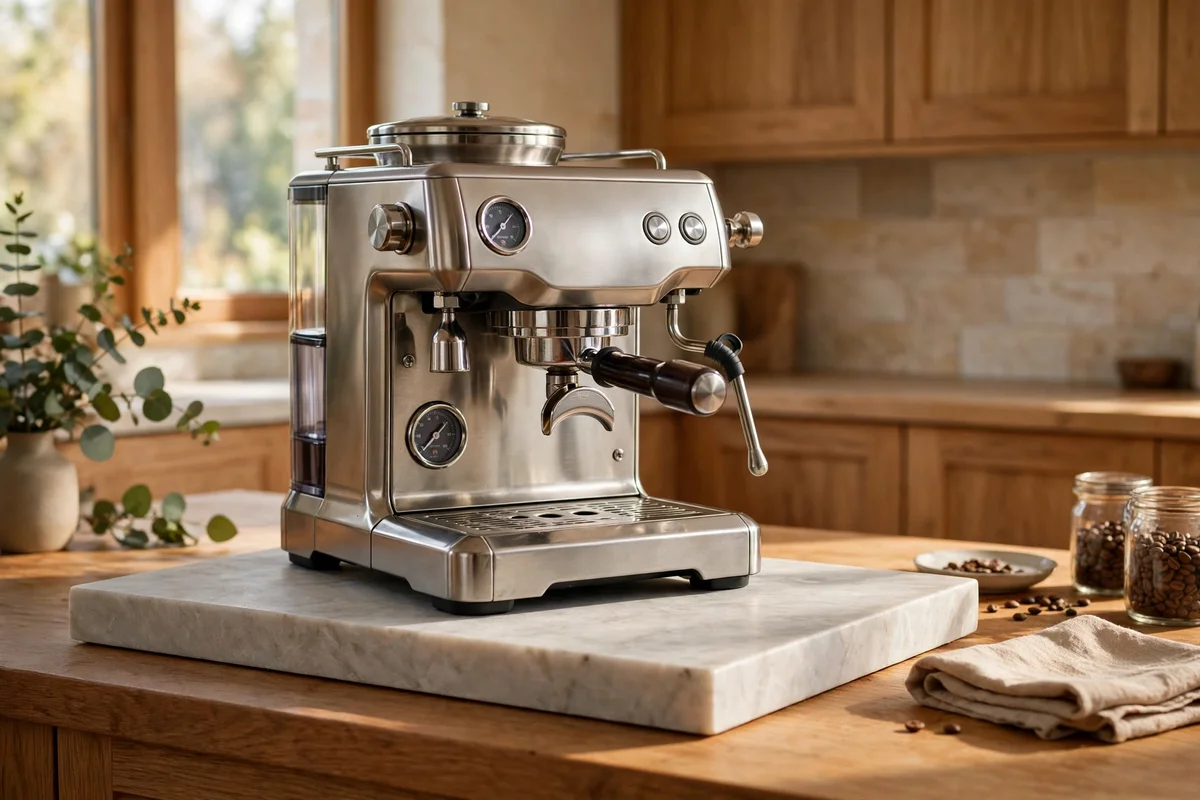 Coffee machine standing on a plain honed marble slab on the counter