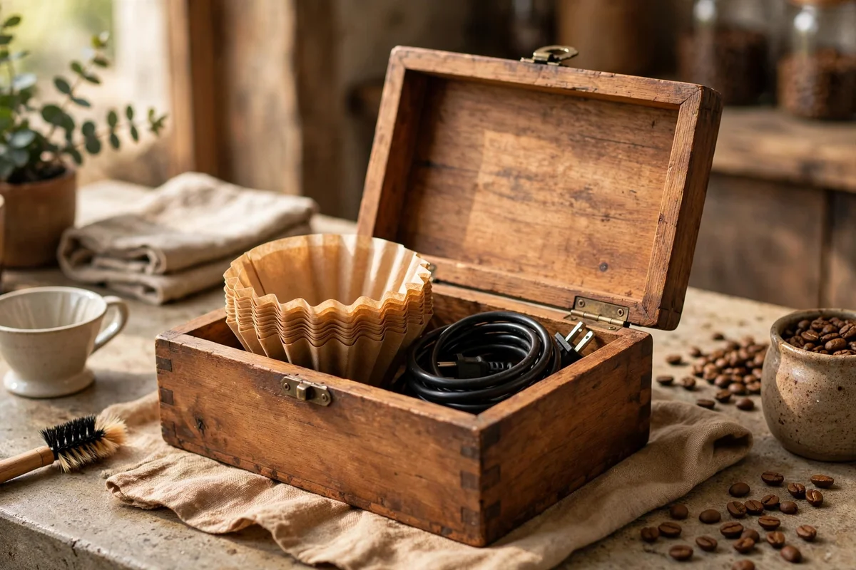 Lidded wooden box holding coffee filters and a coiled cord at a coffee station