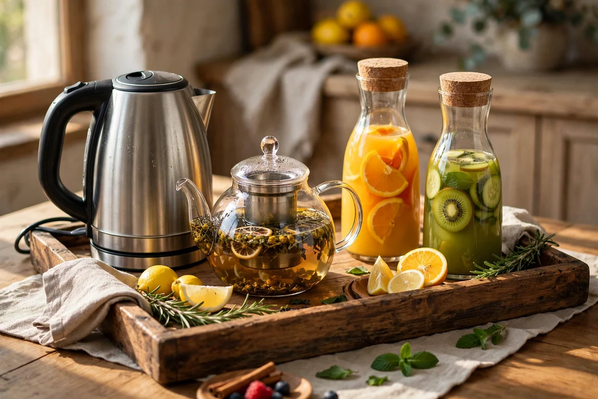 Wooden guest tray with kettle, glass teapot and two juice carafes for a family gathering