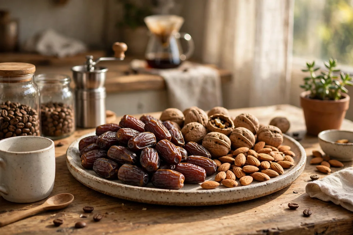 Ceramic platter of dates, walnuts and almonds at a morning coffee station