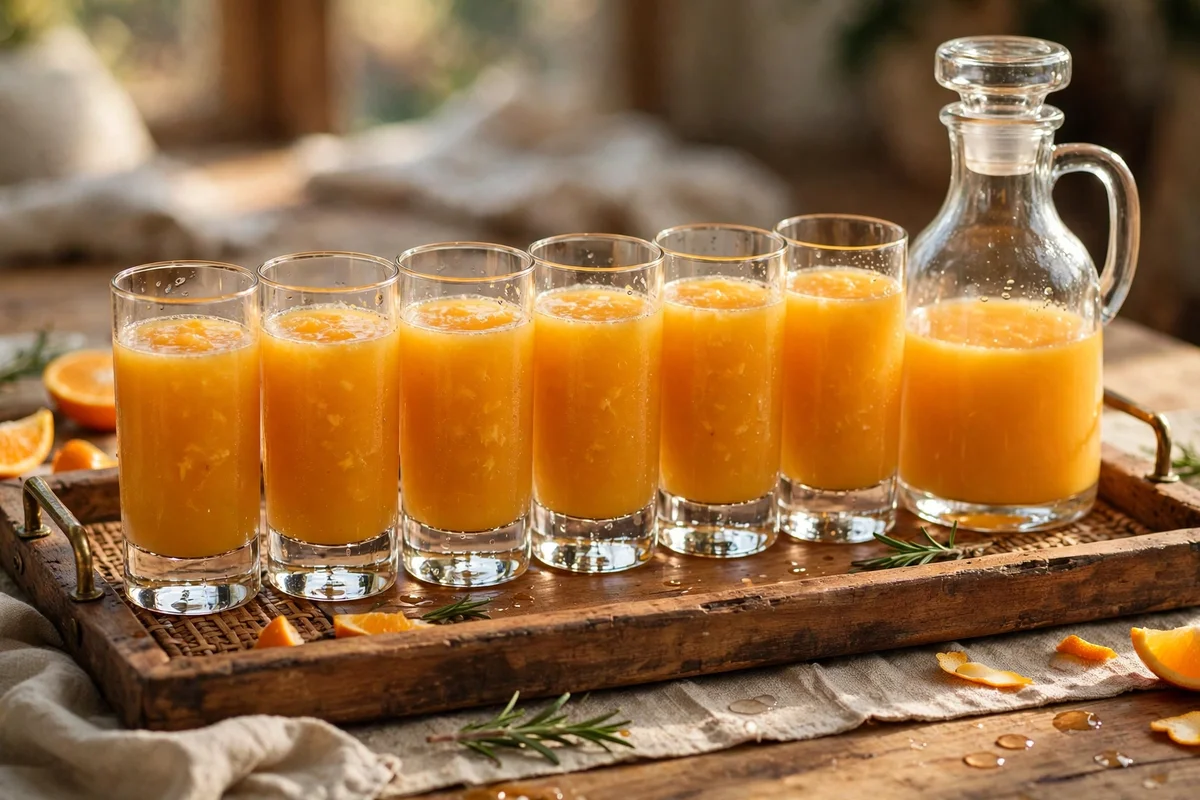 Six matching juice glasses lined on a wooden guest tray beside a carafe