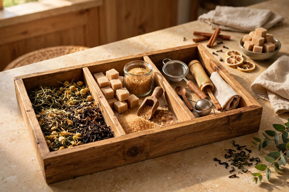 Wooden divider boxes zoning teas, sugars and brewing tools on a counter