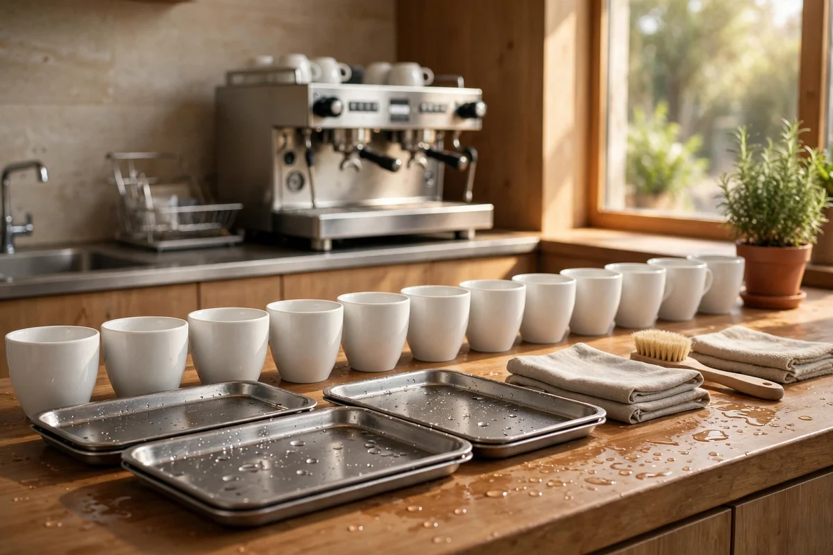 Coffee station being refreshed weekly with trays washed and cups lined neatly