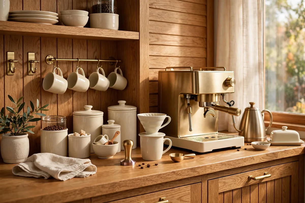 Coffee station styled in wood, ceramic and brass with a calm warm palette