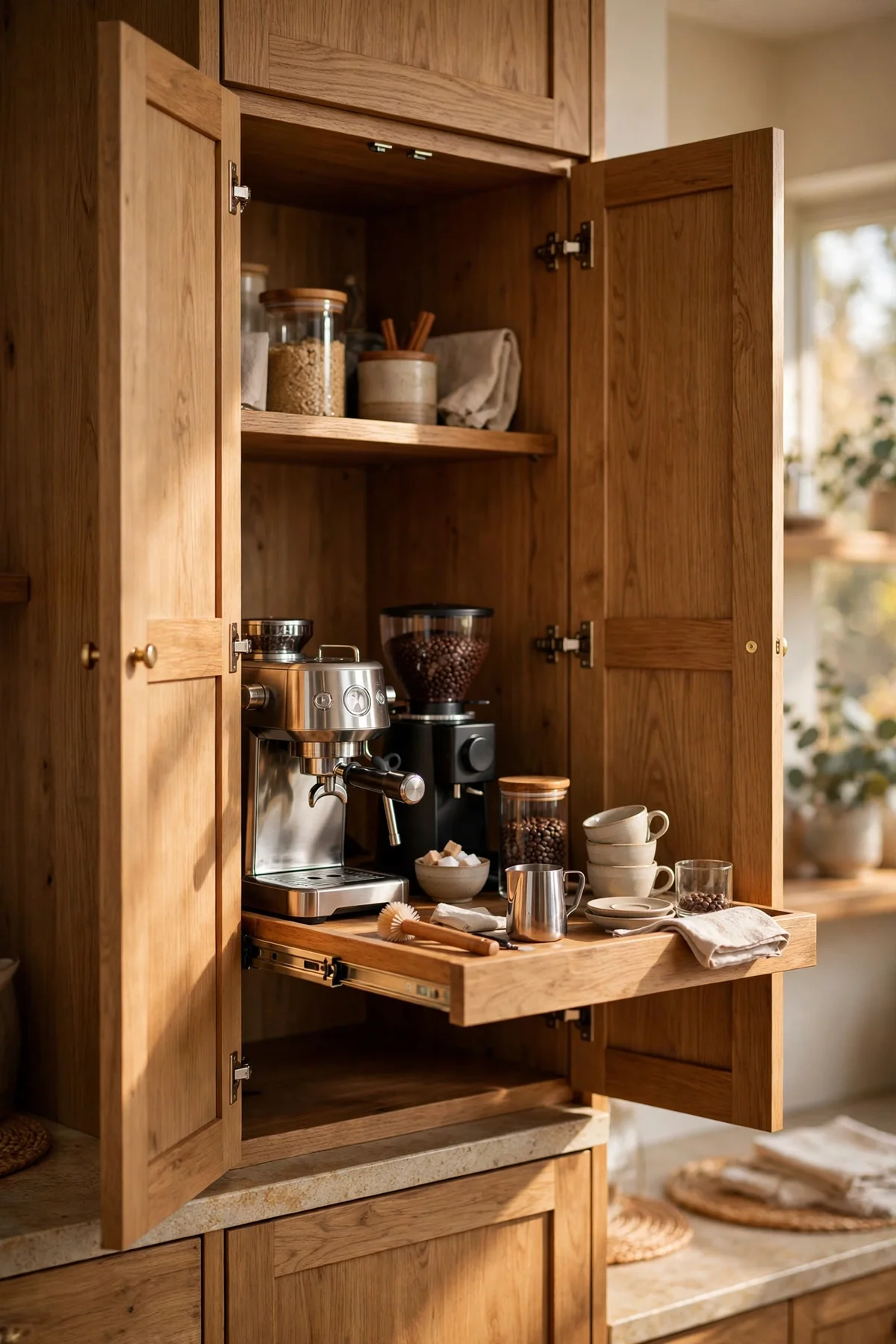 Hidden coffee station inside a tall cabinet nook with a pull-out tray