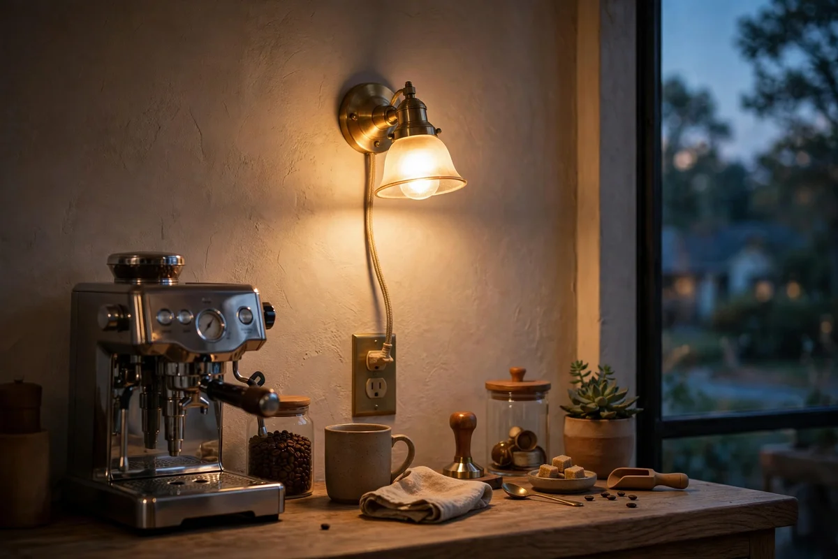 Warm plug-in wall sconce glowing above a coffee station at dusk