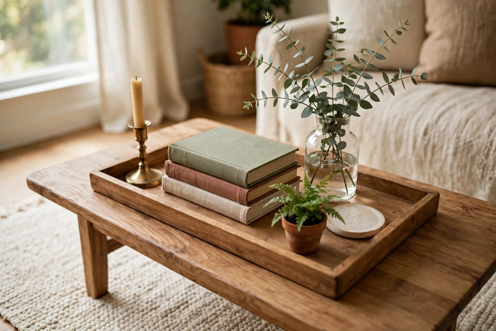 Styled coffee table with wooden tray, cloth books, eucalyptus vase, brass candlestick and plant in a warm living room