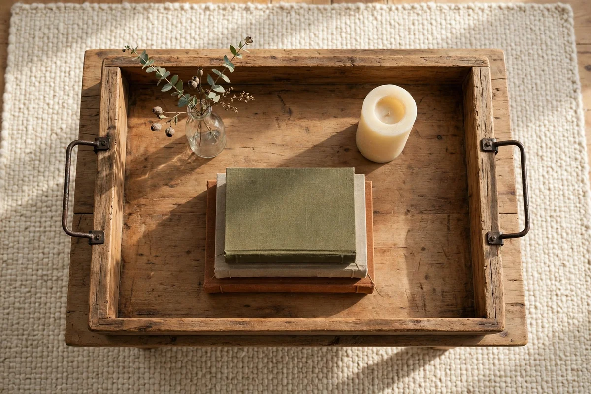 Large wooden tray on a coffee table gathering a book stack, candle and small vase into one arrangement