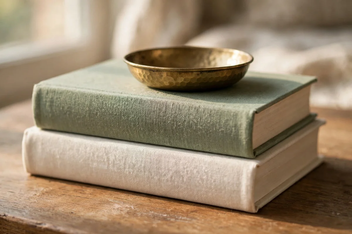 Two plain cloth-bound books in cream and sage stacked as a plinth under a small brass dish