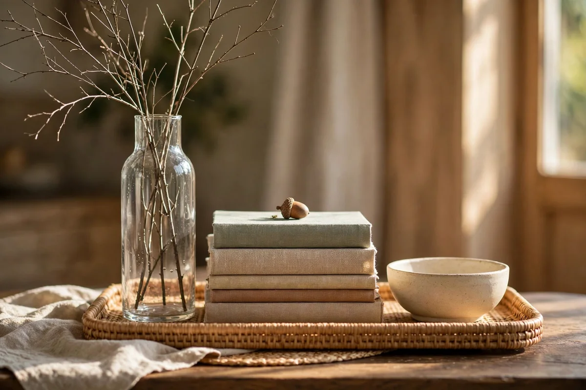 Tall vase with branches, medium book stack and low bowl forming a height triangle on a tray